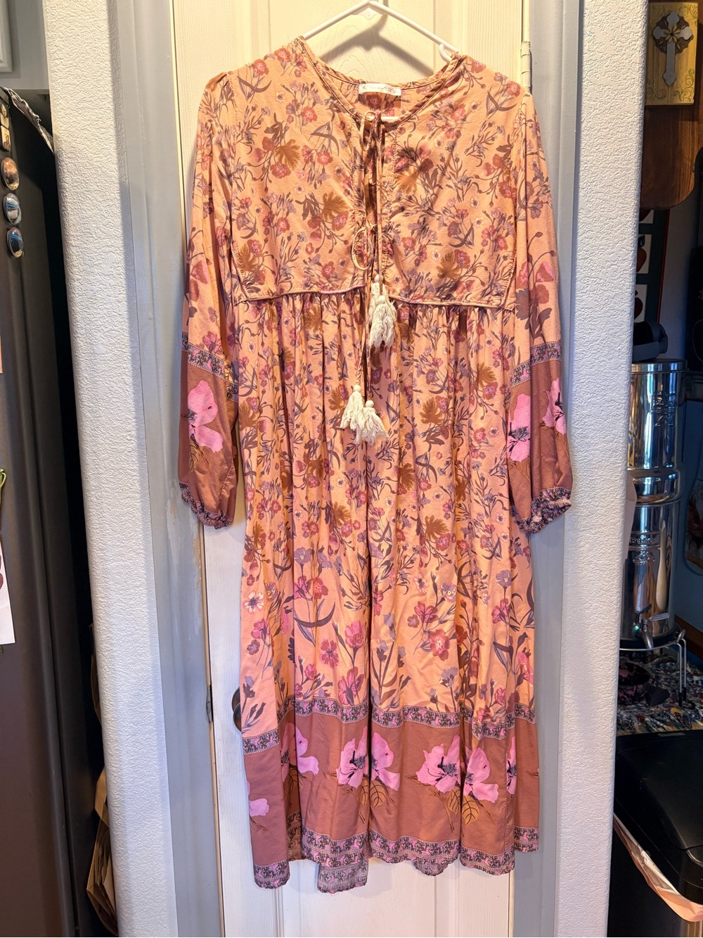 Peach Floral Boho Tassel Midi Dress